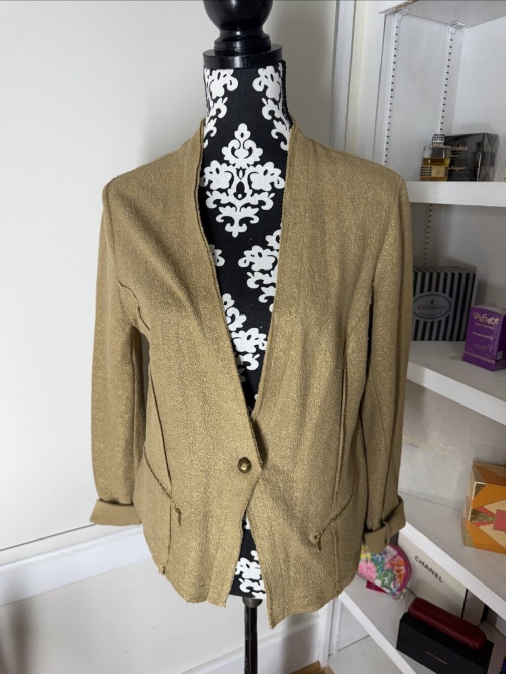Womens Mango Golden Jacket Vest Sz M Button Long Sleeve Cotton Lining Zip Pocket